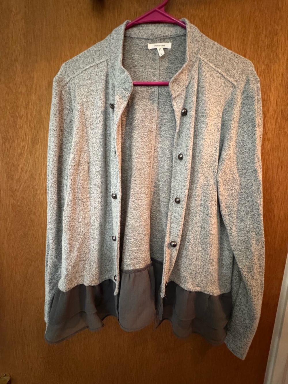 Maurices Gray Cardigan Sweater with Chiffon Hem
